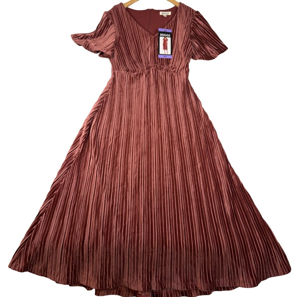 Briggs Womens XS Mauve Pleated Velvet V-Neck Short Sleeve Midi Dress NWT 1655405